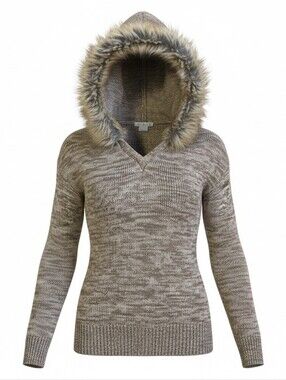 ​Venus Faux Fur Hooded Knit Sweater Taupe Brown V-Neck Long Sleeve Pullover Sm